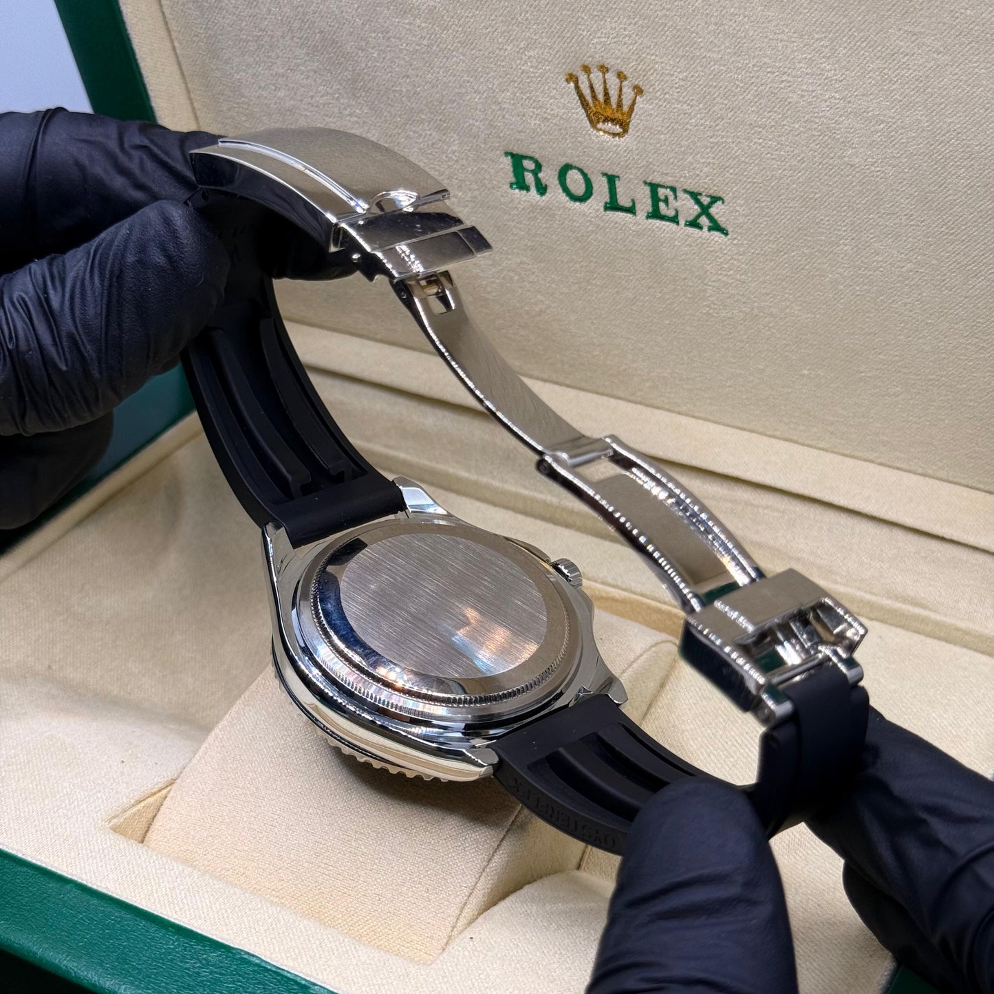 Rolex submariner strap with silver rotating & black dial  date just