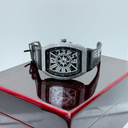 FM Black leather strap with white diamond watch